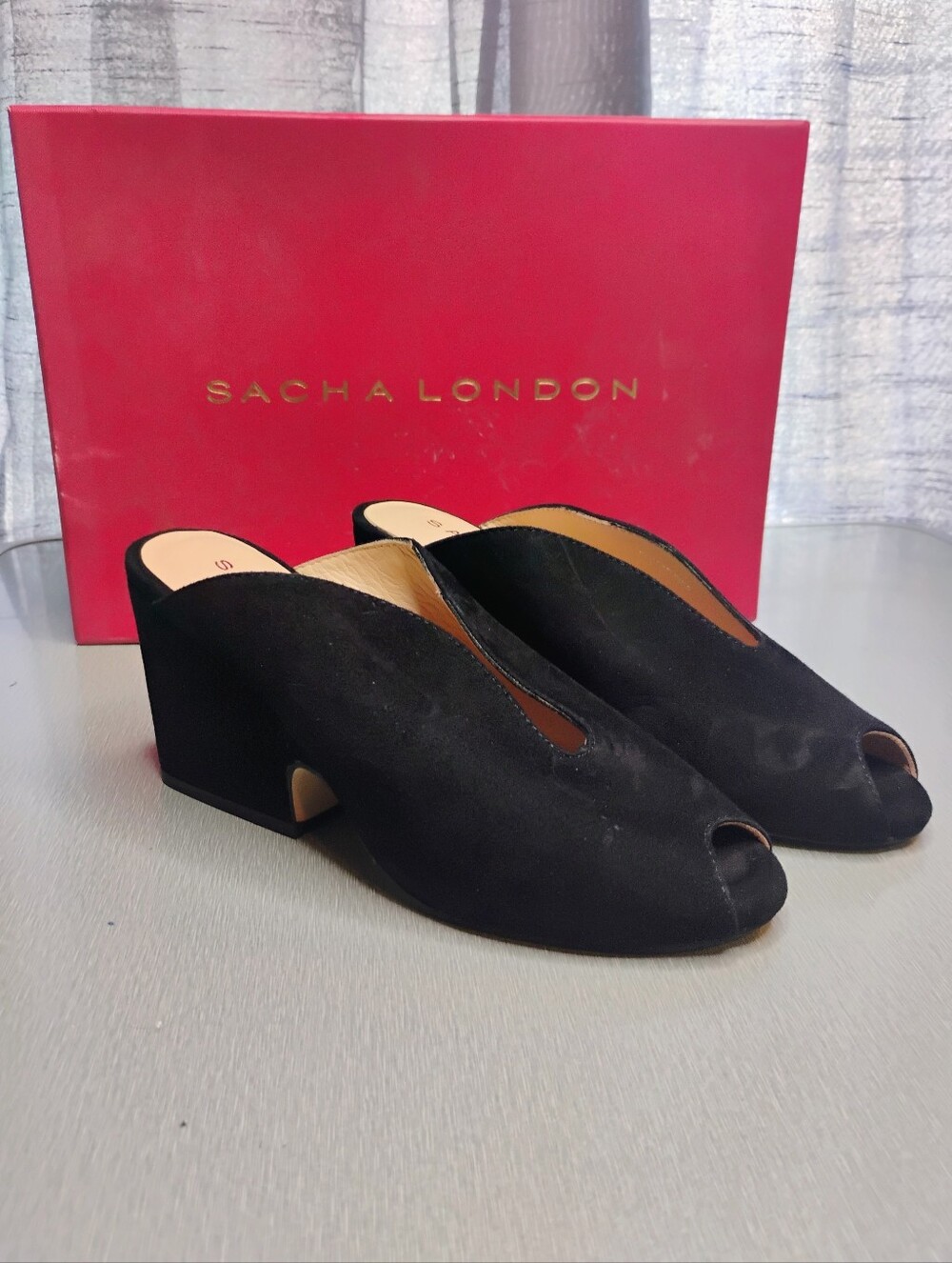 Vintage Sacha London Black Suede Peep-Toe Mule Heels